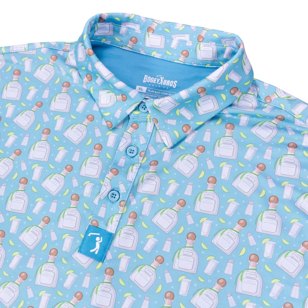 Bogey Bros Golf Polo Mens XL Blue Tequila Bottle Print Performance Stretch Shirt